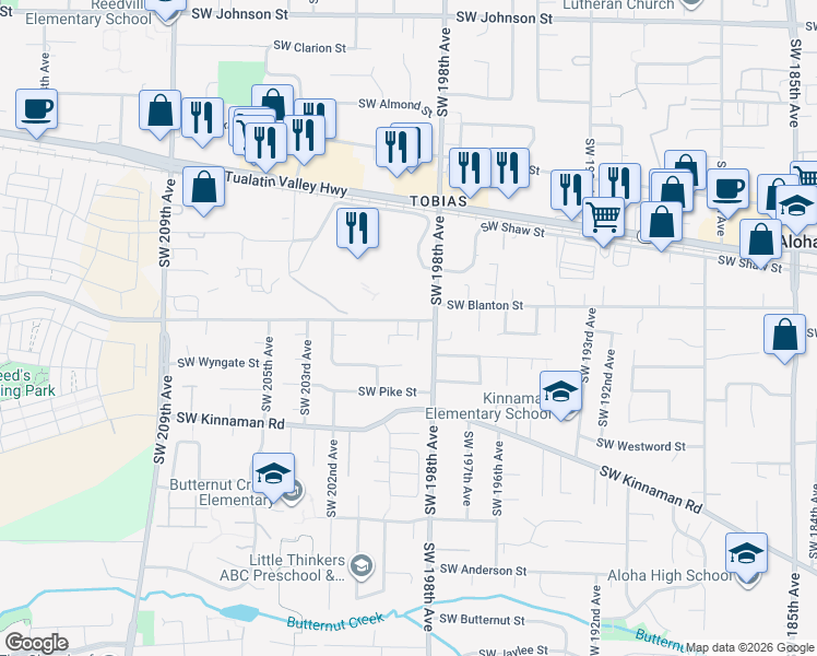 map of restaurants, bars, coffee shops, grocery stores, and more near 20020 Southwest Blanton Street in Aloha