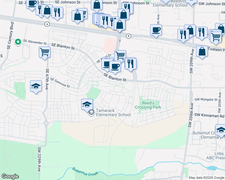map of restaurants, bars, coffee shops, grocery stores, and more near 7647 Southeast Roaring Lane in Hillsboro