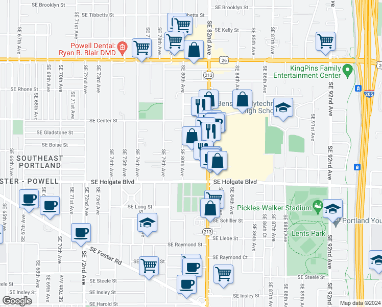map of restaurants, bars, coffee shops, grocery stores, and more near 8032 Southeast Boise Street in Portland