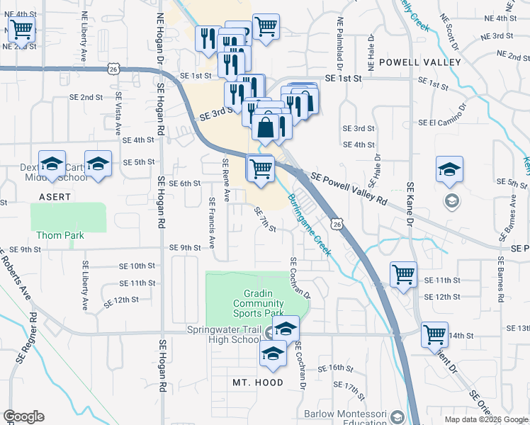 map of restaurants, bars, coffee shops, grocery stores, and more near 2411-2415 Southeast 7th Street in Gresham
