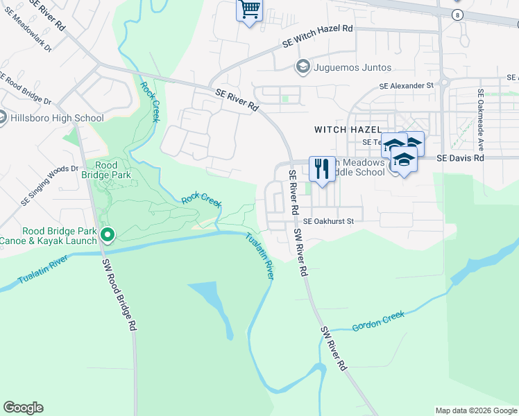 map of restaurants, bars, coffee shops, grocery stores, and more near 3767 Southeast Willamette Avenue in Hillsboro