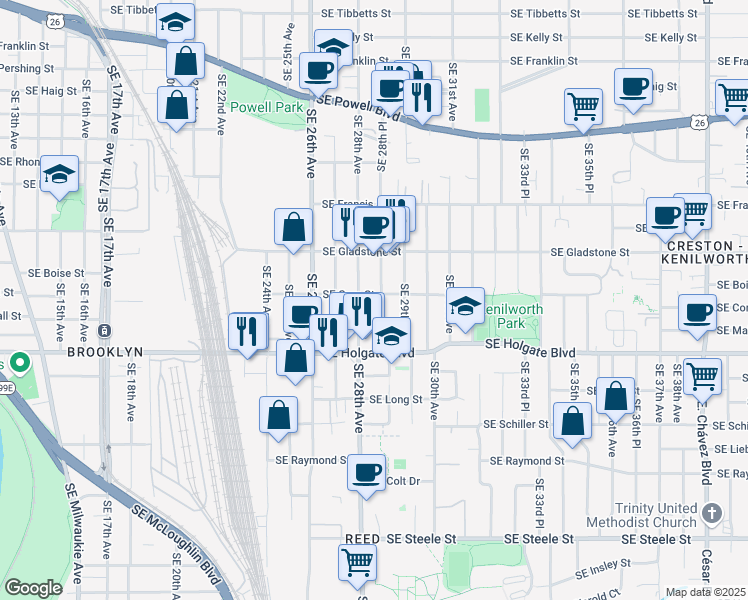 map of restaurants, bars, coffee shops, grocery stores, and more near 4305 Southeast 28th Place in Portland