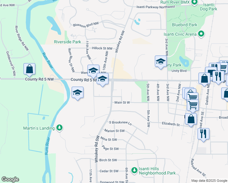 map of restaurants, bars, coffee shops, grocery stores, and more near 719 Cherrywood Lane in Isanti