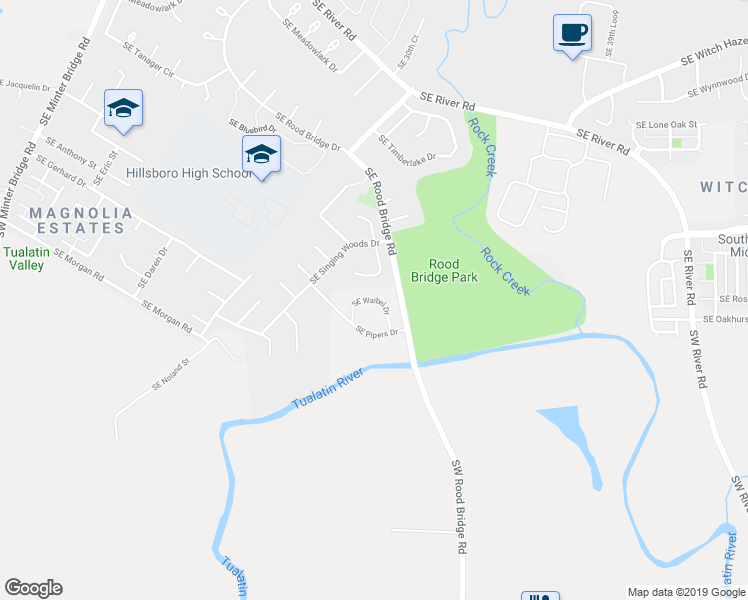 map of restaurants, bars, coffee shops, grocery stores, and more near Waibel Drive in Hillsboro