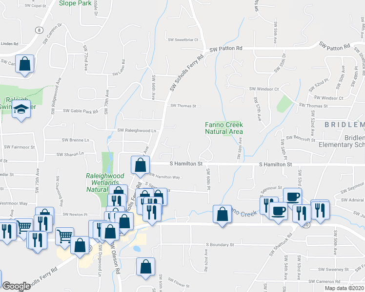 map of restaurants, bars, coffee shops, grocery stores, and more near 6255 Southwest Bancroft Street in Portland