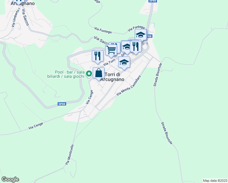 map of restaurants, bars, coffee shops, grocery stores, and more near 213 Via Monte Zattolo in Torri di Arcugnano