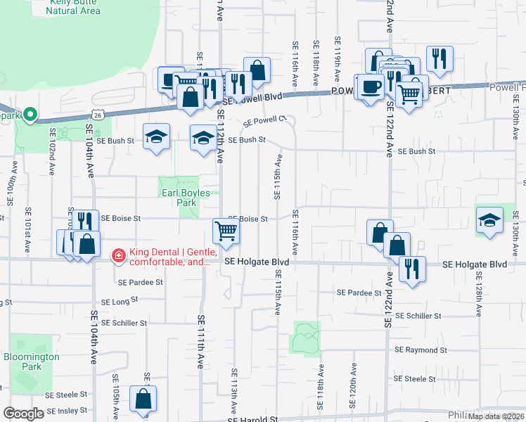 map of restaurants, bars, coffee shops, grocery stores, and more near 4134 Southeast 114th Avenue in Portland