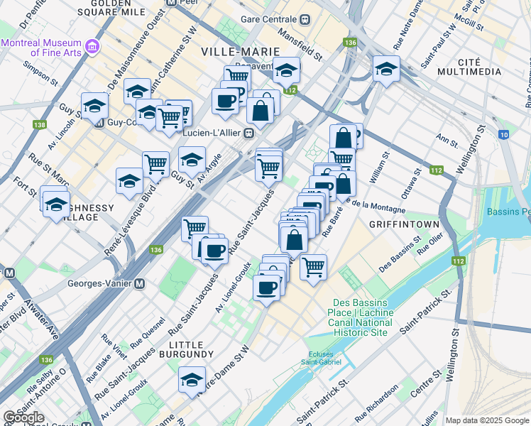 map of restaurants, bars, coffee shops, grocery stores, and more near 1490 Rue Saint-Jacques in Montréal