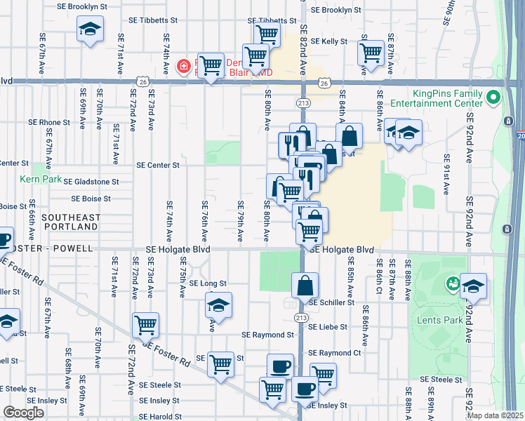 map of restaurants, bars, coffee shops, grocery stores, and more near 4223 Southeast 80th Avenue in Portland