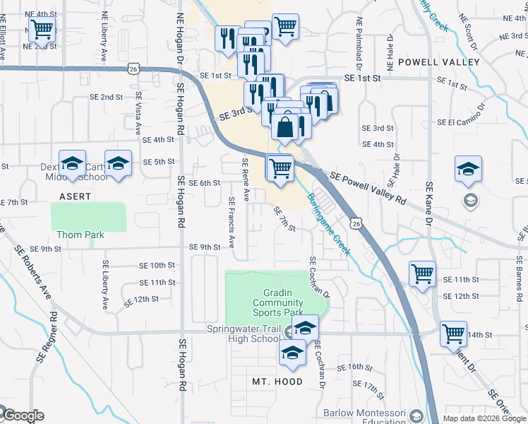 map of restaurants, bars, coffee shops, grocery stores, and more near 2288 Southeast 7th Street in Gresham