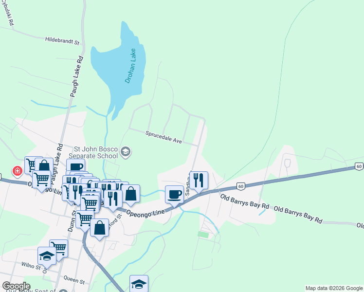 map of restaurants, bars, coffee shops, grocery stores, and more near 23 Sprucedale Avenue in Barry's Bay