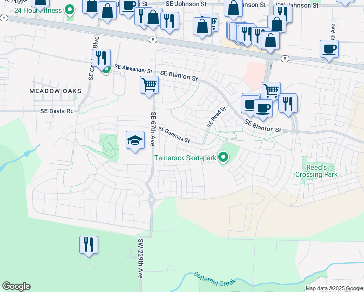 map of restaurants, bars, coffee shops, grocery stores, and more near 6919 Southeast Tamarack Street in Hillsboro
