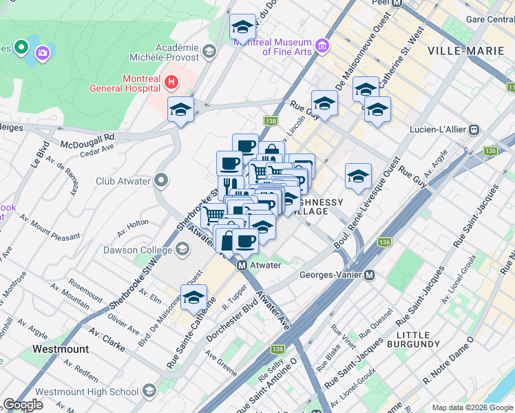 map of restaurants, bars, coffee shops, grocery stores, and more near 2100 Maisonneuve Boulevard West in Montreal