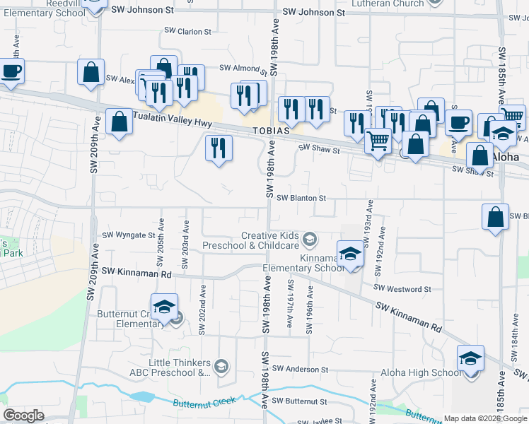 map of restaurants, bars, coffee shops, grocery stores, and more near 3825 Southwest 198th Avenue in Beaverton
