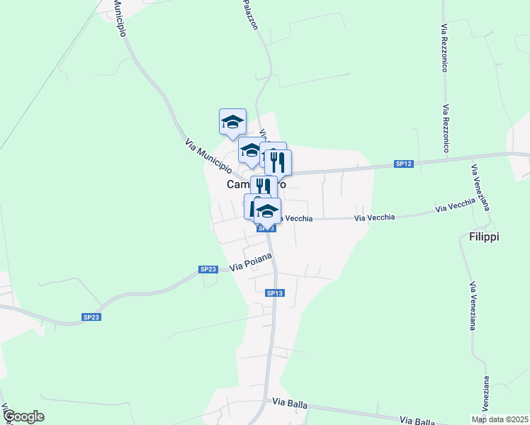 map of restaurants, bars, coffee shops, grocery stores, and more near 19 Via Roma in Campodoro