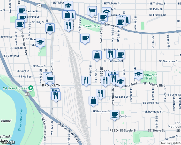 map of restaurants, bars, coffee shops, grocery stores, and more near 4321 Southeast 24th Avenue in Portland