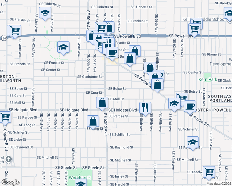 map of restaurants, bars, coffee shops, grocery stores, and more near 4227 Southeast 54th Avenue in Portland