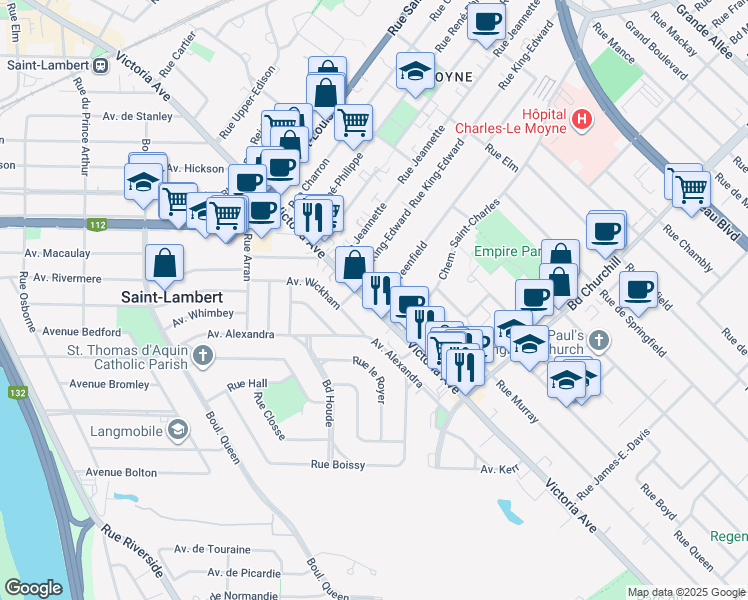 map of restaurants, bars, coffee shops, grocery stores, and more near 1298 Avenue Victoria in Longueuil
