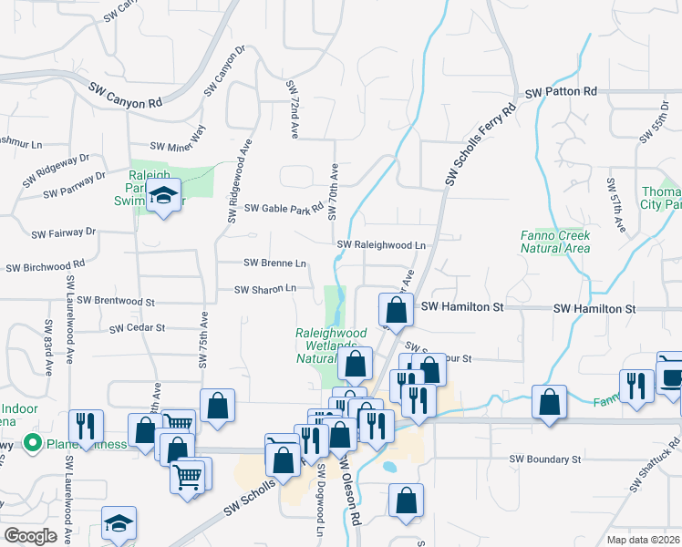 map of restaurants, bars, coffee shops, grocery stores, and more near 6940 Southwest Bancroft Way in Portland