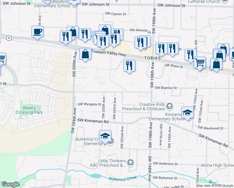 map of restaurants, bars, coffee shops, grocery stores, and more near 3830 Southwest 203rd Avenue in Aloha