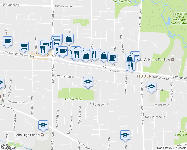 map of restaurants, bars, coffee shops, grocery stores, and more near 3895 Southwest 178th Avenue in Beaverton