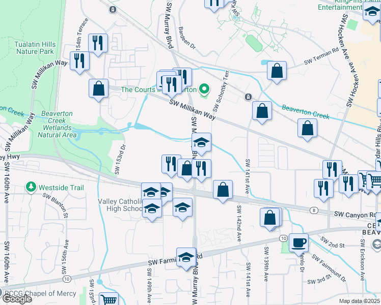 map of restaurants, bars, coffee shops, grocery stores, and more near in Beaverton
