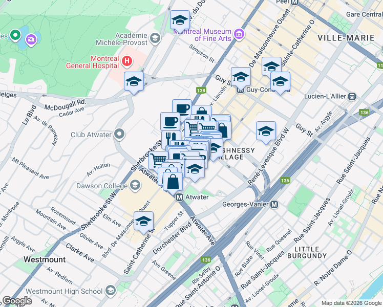 map of restaurants, bars, coffee shops, grocery stores, and more near 2100 Maisonneuve Boulevard West in Montreal