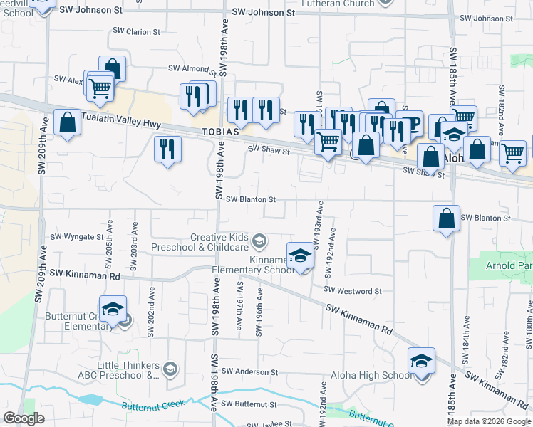 map of restaurants, bars, coffee shops, grocery stores, and more near 19577 Southwest Treehouse Lane in Beaverton