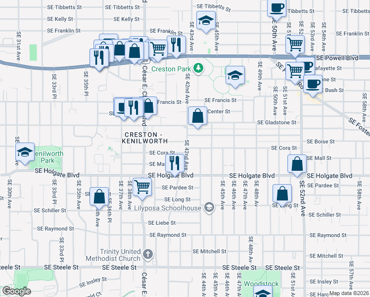 map of restaurants, bars, coffee shops, grocery stores, and more near 4241 Southeast 42nd Avenue in Portland