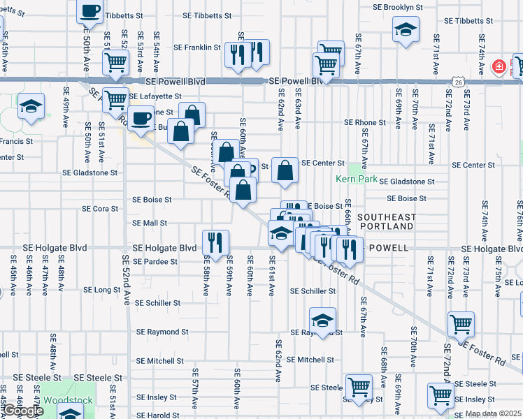 map of restaurants, bars, coffee shops, grocery stores, and more near 6105 Southeast Cora Street in Portland