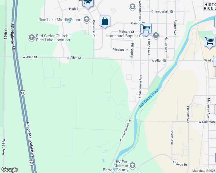 map of restaurants, bars, coffee shops, grocery stores, and more near 750 Diamond Lane in Rice Lake