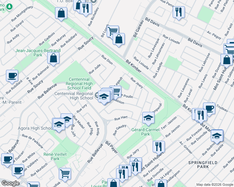 map of restaurants, bars, coffee shops, grocery stores, and more near 1079 Rue Poulin in Longueuil