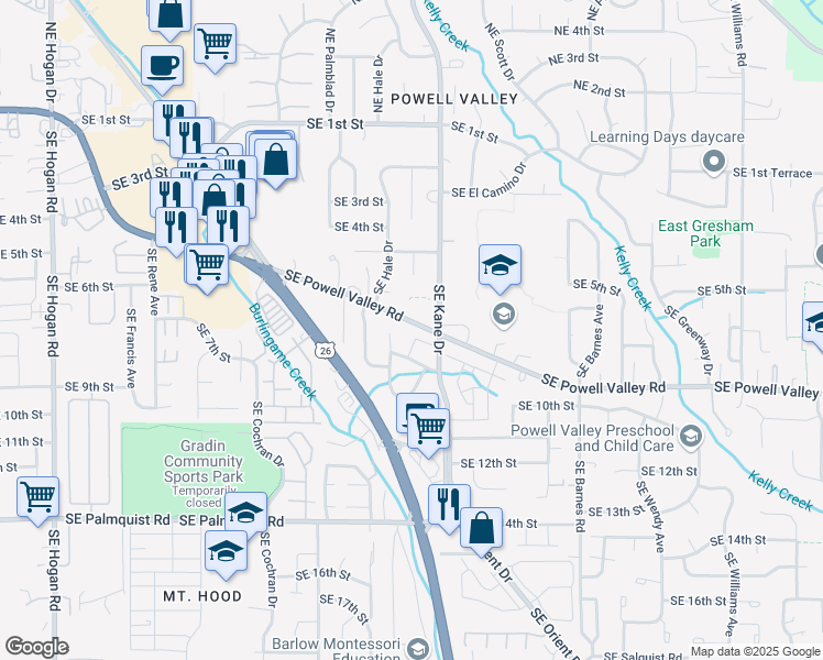 map of restaurants, bars, coffee shops, grocery stores, and more near 609 Southeast Paropa Place in Gresham
