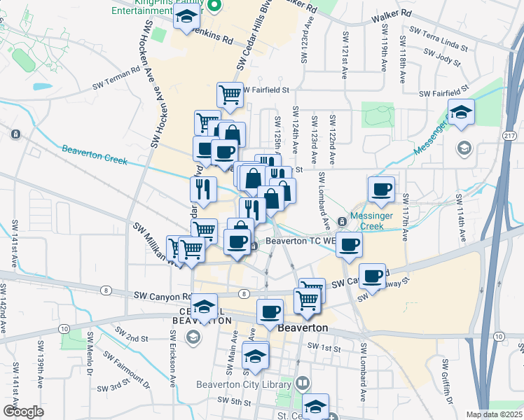 map of restaurants, bars, coffee shops, grocery stores, and more near 3867 Southwest Hall Boulevard in Beaverton