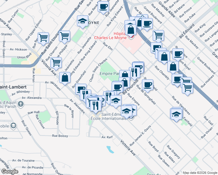 map of restaurants, bars, coffee shops, grocery stores, and more near 198 Rue Parent in Longueuil