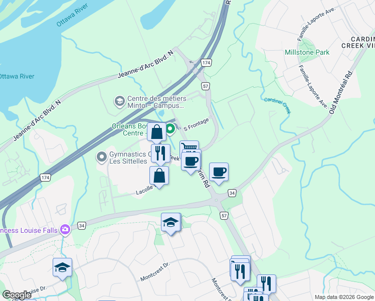 map of restaurants, bars, coffee shops, grocery stores, and more near 1280 Trim Road in Ottawa