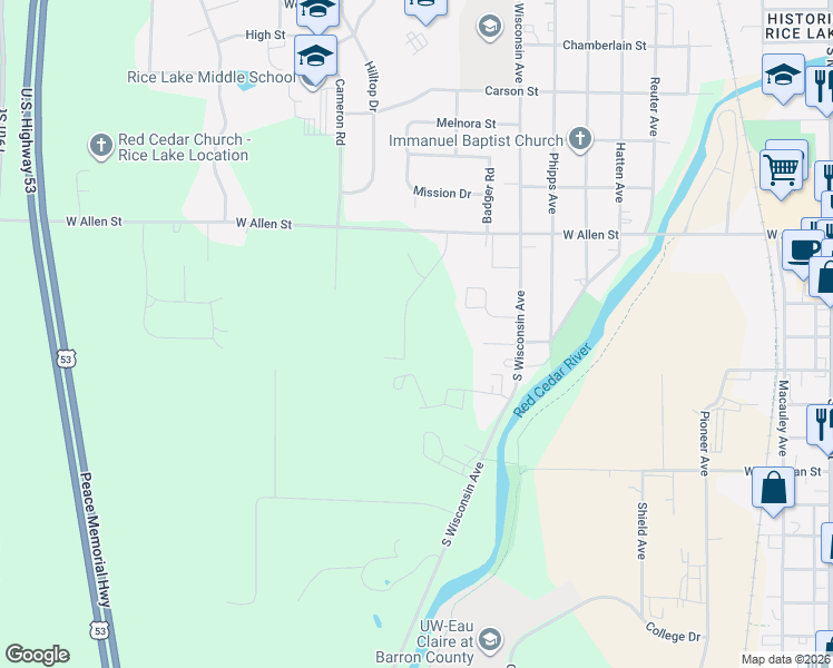 map of restaurants, bars, coffee shops, grocery stores, and more near 745 Diamond Lane in Rice Lake