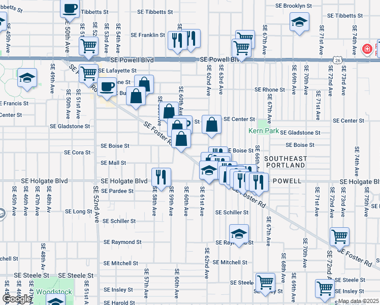 map of restaurants, bars, coffee shops, grocery stores, and more near 6031 SE Foster Rd in Portland