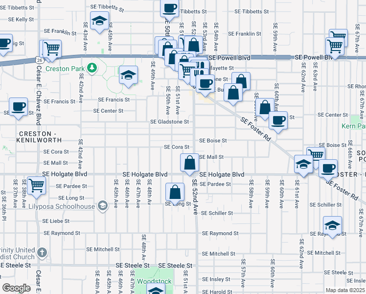 map of restaurants, bars, coffee shops, grocery stores, and more near 5100 Southeast Cora Street in Portland