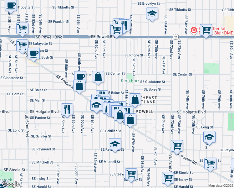 map of restaurants, bars, coffee shops, grocery stores, and more near 4205 Southeast 65th Avenue in Portland