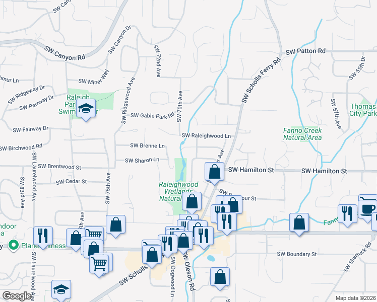 map of restaurants, bars, coffee shops, grocery stores, and more near 6940 Southwest Bancroft Way in Portland