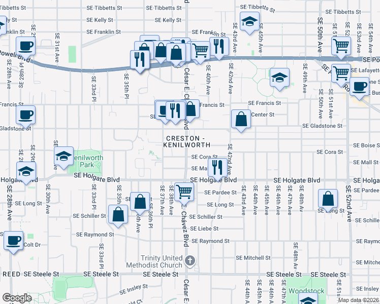map of restaurants, bars, coffee shops, grocery stores, and more near 4204-4232 Southeast Cesar Estrada Chavez Boulevard in Portland