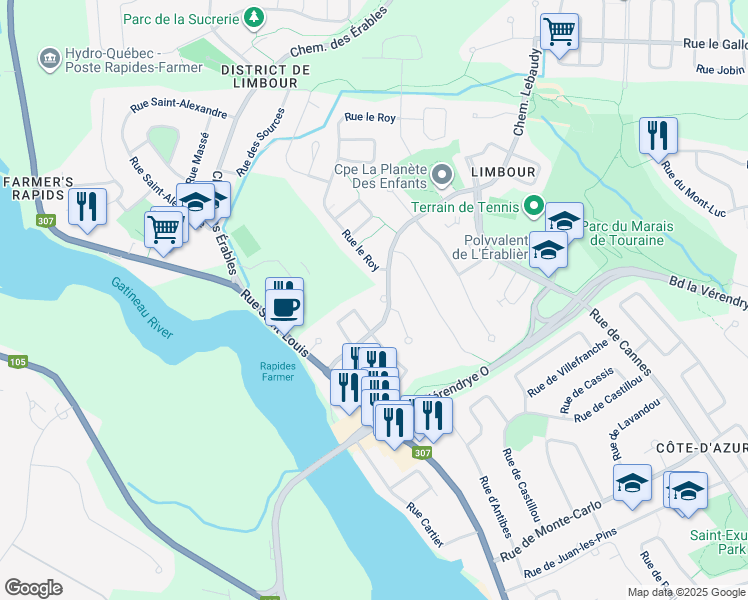 map of restaurants, bars, coffee shops, grocery stores, and more near 6 Place Lutz in Gatineau