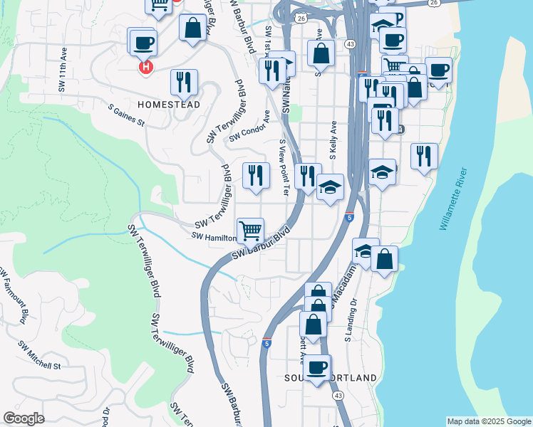 map of restaurants, bars, coffee shops, grocery stores, and more near 4318 Southwest Condor Avenue in Portland