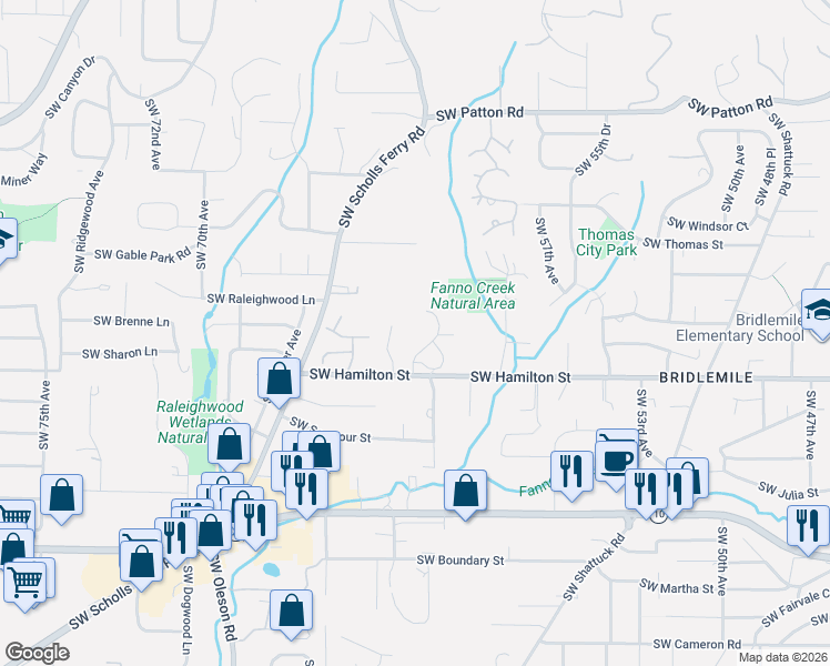 map of restaurants, bars, coffee shops, grocery stores, and more near 4325 Southwest Selling Court in Portland