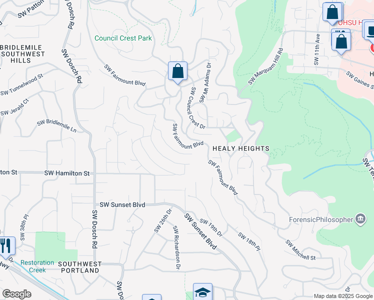 map of restaurants, bars, coffee shops, grocery stores, and more near 3226 Southwest Fairmount Boulevard in Portland
