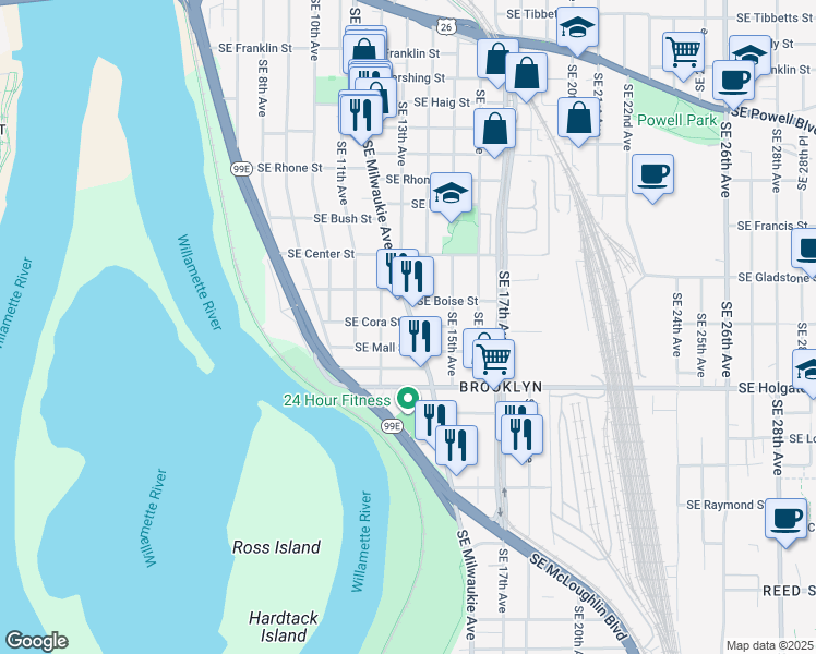 map of restaurants, bars, coffee shops, grocery stores, and more near 4307 Southeast Milwaukie Avenue in Portland