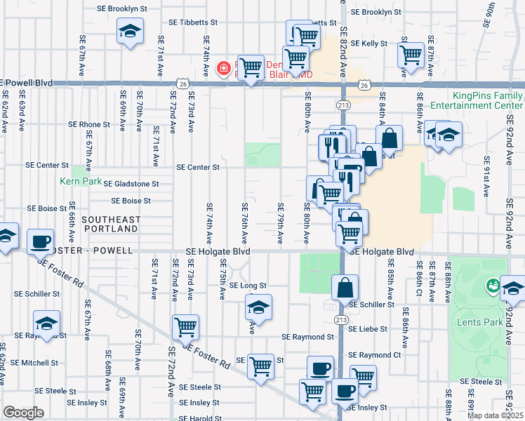 map of restaurants, bars, coffee shops, grocery stores, and more near 4212 Southeast 76th Avenue in Portland