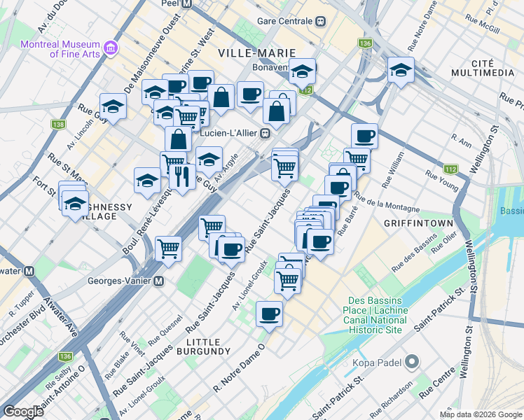 map of restaurants, bars, coffee shops, grocery stores, and more near 691 Rue Guy in Montrã©Al