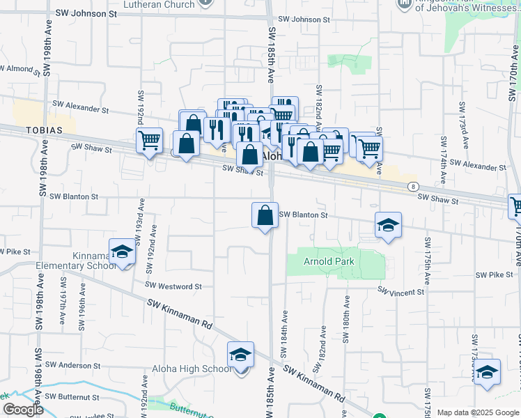 map of restaurants, bars, coffee shops, grocery stores, and more near 3855 Southwest 185th Avenue in Beaverton